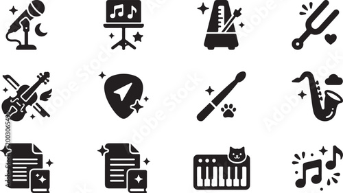 Black silhouette of music instruments and accessories with stars and hearts decorations