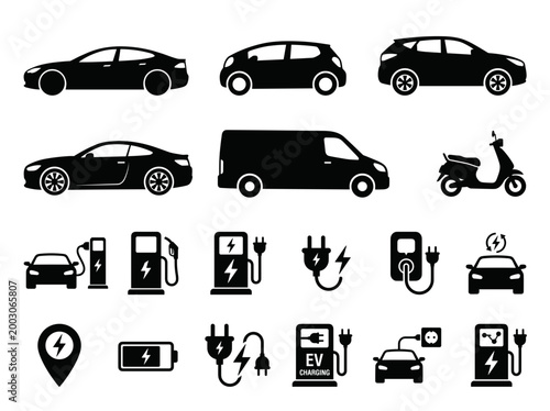A collection of electric vehicles and charging stations, set against a clean backdrop. Featuring various car models, a scooter, and charging icons.