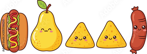 Set of Cute Cartoon Food Characters Including Hot Dog Pear Cheese Snacks and Sausage Illustration for Kids Menu Design Isolated on White Background