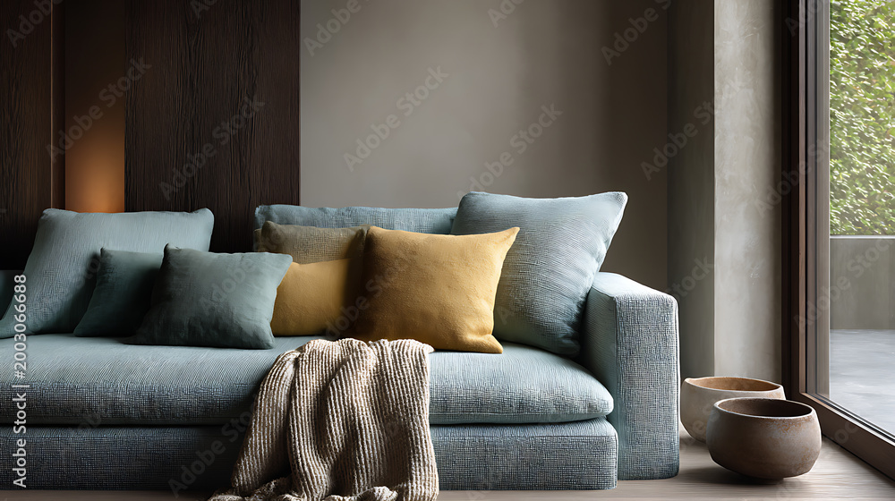Fototapeta premium Stylish Green Mint Sofa Arrangement Modern Living Room Interior Design Inspiration Cozy Atmosphere Contemporary Viewpoint