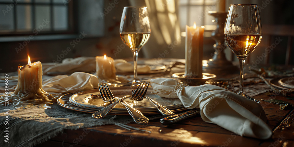 Obraz premium Cozy candlelit dinner. Enchanting dining experience with glowing candles and relaxed ambiance