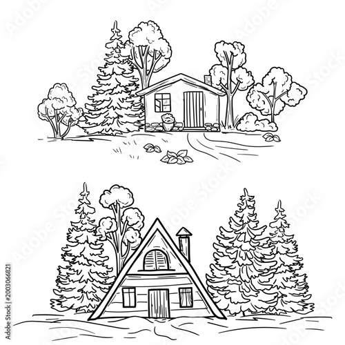 A chalet house among snow-covered firs and pines, a hand-drawn sketch. Vector illustration. A house is a hut in a forest among trees, a set of linear drawings isolated against a background