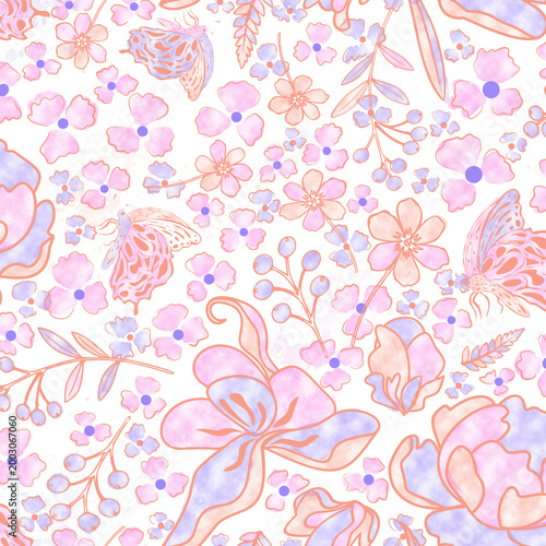 Watercolor Butterfly and Wildflower Seamless Pattern on Transparent Background