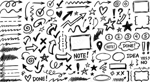 Hand drawn sketch elements collection arrows shapes doodles and text bubbles for creative projects