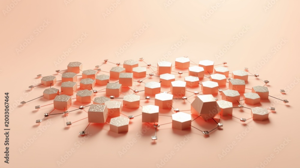 Obraz premium Hexagonal blocks connected forming network. Soft lighting, pastel colors, minimalist design. Abstract representation, data visualization concept.