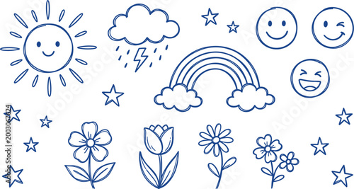 Childlike doodle art a whimsical collection of hand drawn weather flowers and happy faces on white background