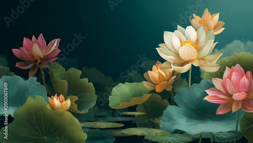 Colorful lotus flowers blooming in night pond