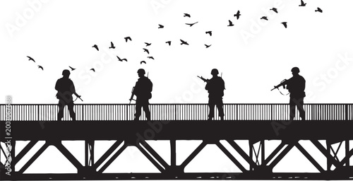 Silhouette soldiers on bridge, military figures, black and white vector, security and defense illustration, warfare graphics