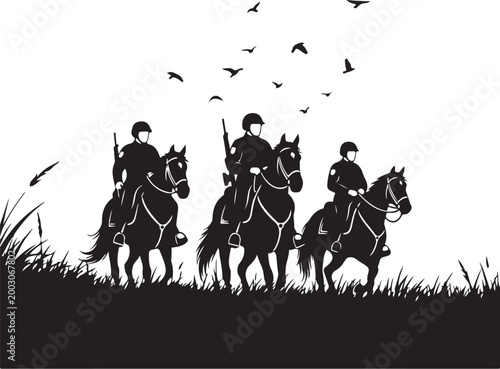Black silhouette cavalry horses, horseback riders, hunting icons, vector graphics