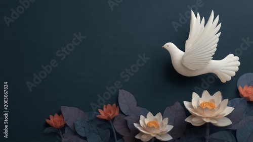 White dove flying above lotus flowers