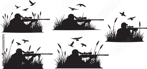 Hunting silhouettes, camouflage icons, rifle hunter graphics, wildlife decoy illustrations