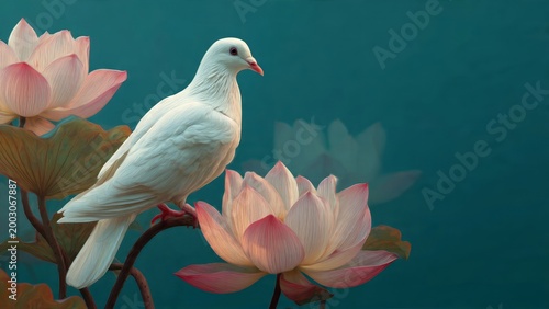 White dove with lotus flowers on teal background