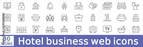  Hotel business web icons set Vector illustration in modern thin line style hotel services related icons room collection. Simple vector illustration