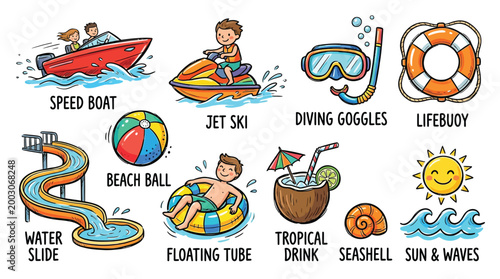 A vibrant collection of summer water activities and beach essentials, featuring a speed boat, jet ski, water slide, and tropical drink.