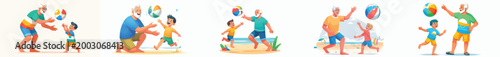 vector happy grandpa n grandchild playing beach ball in summer
