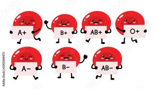 Cute Blood Type Illustration Set, Kawaii Red Blood Cell Characters A Plus B Plus AB Plus O Plus A Minus B Minus AB Minus Medical Collection