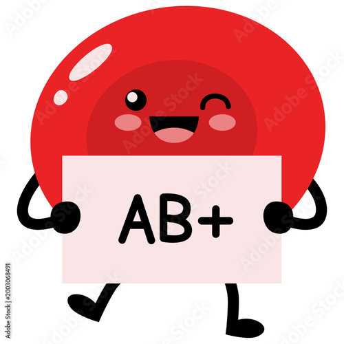 AB Positive Cute Blood Type Illustration, Kawaii Red Blood Cell Character Medical Vector Isolated