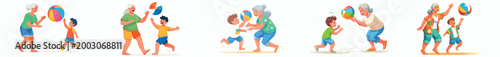 vector happy grandma n grandchild playing beach ball in summer