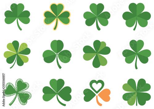 Lucky Clover Collection: A vibrant collection of green shamrocks and clover leaves, symbolizing luck and prosperity.  St Patrick's day, prosperity symbol, clover design, good luck charm.