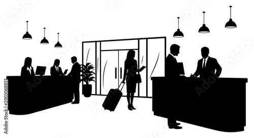 Hotel lobby silhouette guests checking in and out with reception staff assistance