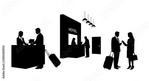 Hotel lobby silhouette guests checking in and out with luggage and staff assistance