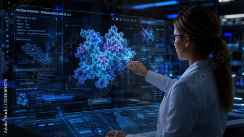 A medical technician using holographic interfaces to design a personalized protein molecule for a patient in a dark room with vibrant blue light.
