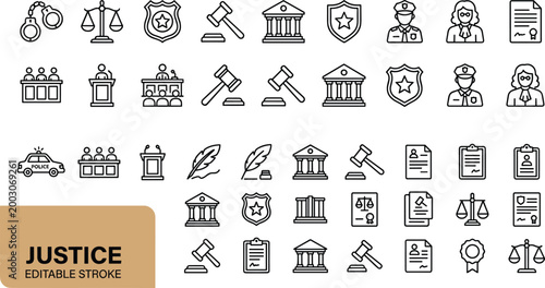 Justice law line icons set legal symbols gavel scales court police document editable stroke vector illustration collection