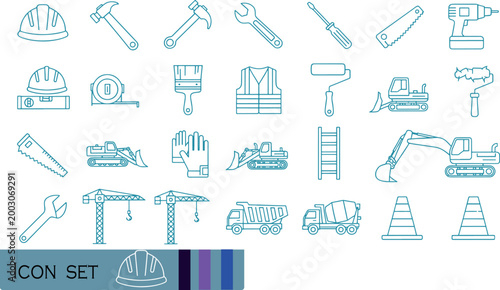 Print Industrial Construction and Heavy Machinery Equipment Icon Set
