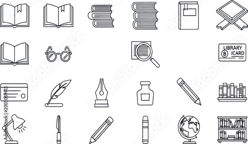 Adobe Illustrator Artwork Education Library and Literature Reading Outline Icon Set