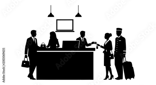Hotel check in silhouette guests and staff interacting at reception desk