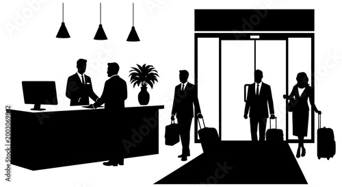 Hotel lobby silhouette guests checking in and out with luggage and reception desk