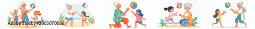 vector happy grandma n grandchild playing beach ball in summer