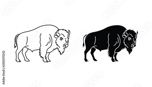 Powerful American bison standing profile vector icon set featuring detailed muscular form in both outline and solid black silhouette styles for wildlife and logo design