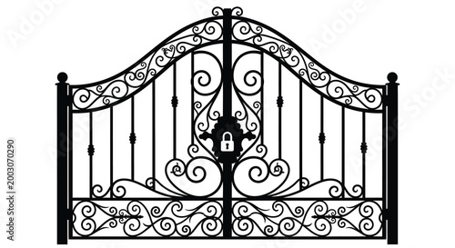 ornate wrought iron gate with padlock black silhouette