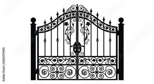 Wrought iron gate silhouette on white background
