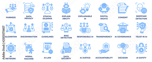 AI Ethics icon set collection in line blue style, an icon pack contain fairness, data privacy, ethical dilemma, explain, ability and digital right . Vector Illustration.