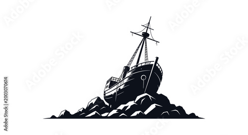 Dramatic silhouette of a vintage sailing ship on rough seas nautical illustration