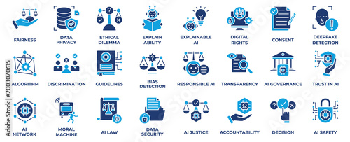 AI Ethics icon set collection in Solid Blue style, an icon pack contain fairness, data privacy, ethical dilemma, explain, ability and digital right . Vector Illustration.