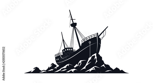 Dramatic silhouette of a vintage sailing ship on rocky coastline nautical illustration