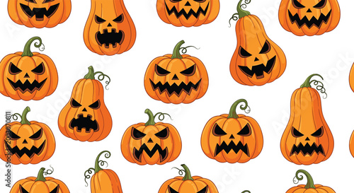 Seamless Pattern of Halloween Pumpkins with Scary Faces Jack O Lantern Illustration for Spooky Holiday Background Design Isolated on White Background