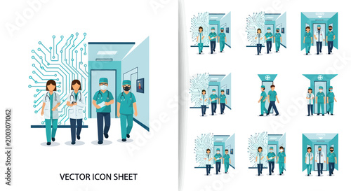 Medical Team Walking in Hospital Corridor with Digital Circuitry Background