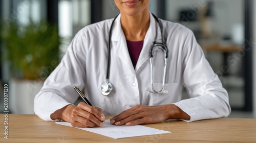 Female healthcare professional in white lab coat writes notes with a pen on a blank sheet of paper at a wooden table in a modern office environment