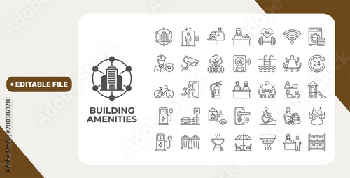 Building Amenities line editable icon set. Containing Building, Facilities, elevator, security, reception, parking, gym and more. Editable stroke. Vector Illustration