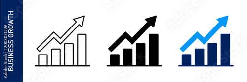 Business growth outline and solid style icon set with arrow and graph moving up concept of stock market business growth, financial profit, business trend, economic growth. Vector illustration.