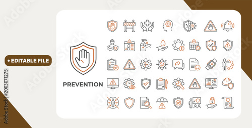 Prevention icon set. Contain icons related to safety, risk, protection, control, awareness, disease, hygiene, and more. Editable stroke. Vector illustration