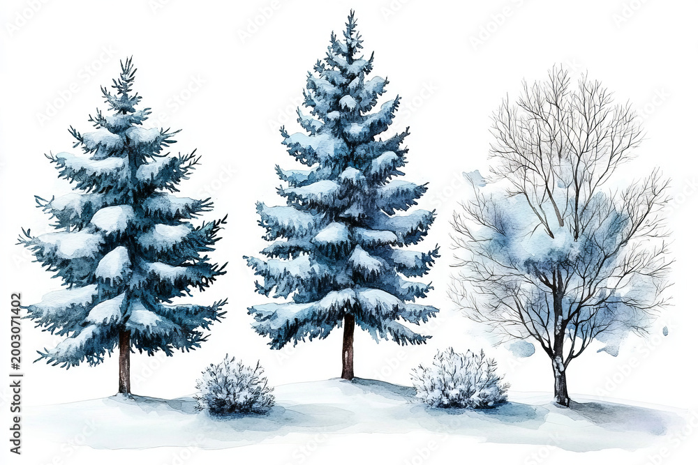 Fototapeta premium watercolor art of snow laden trees on a transparent background