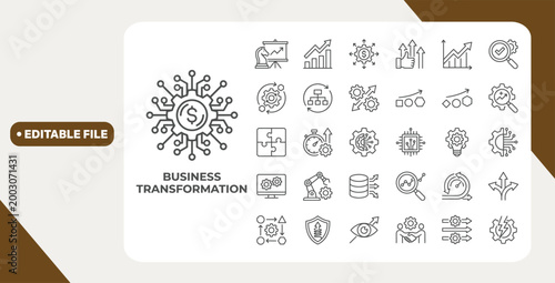 Business Transformation icon set. Contain icons related to Business, transformation, innovation, strategy, growth, optimization, process, and more. Editable stroke. Vector illustration.