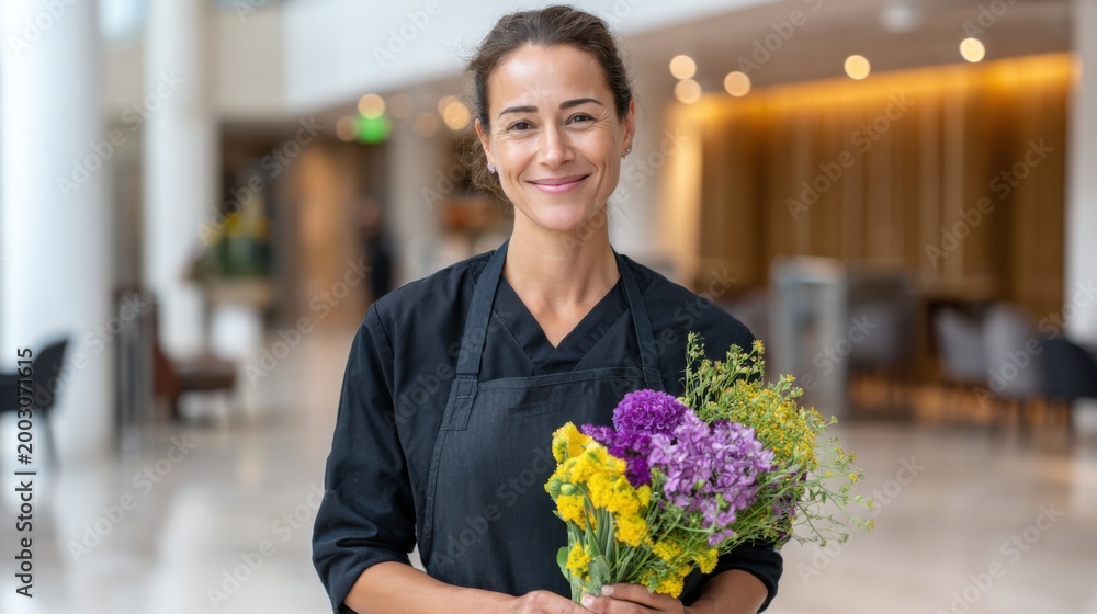 Fototapeta premium Female florist wearing black apron holds bouquet of colorful flowers inside modern floral shop with bright interior and soft lighting