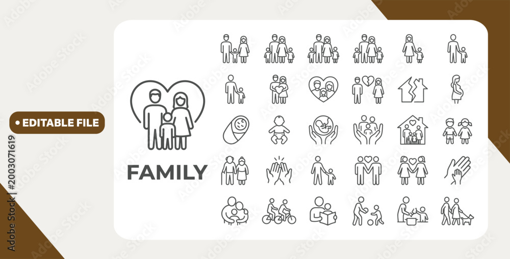 Fototapeta premium Family line editable icon set. Contain icons related to parenthood, grandparents, children, adoption, and more. Editable stroke. Vector illustration