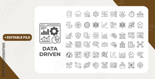 Data Driven icon set. Containing algorithm, big data, analysis, analytics, data mining, machine learning, ai, visualization, database, predictive, and more. Editable stroke. Vector Illustration